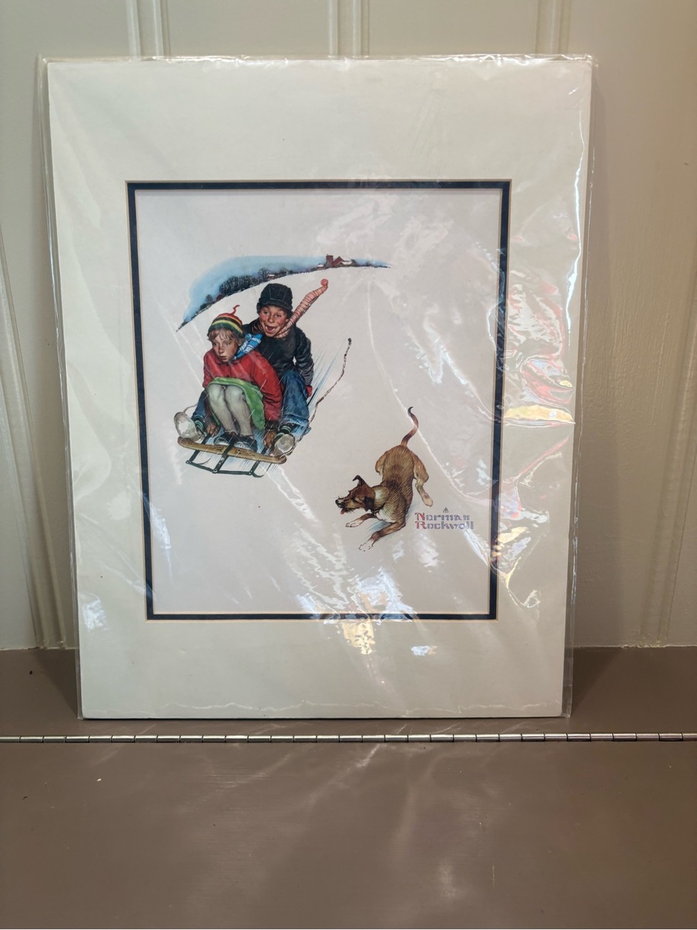 Norman Rockwell Winter Sledders in Blue, Red, Brown